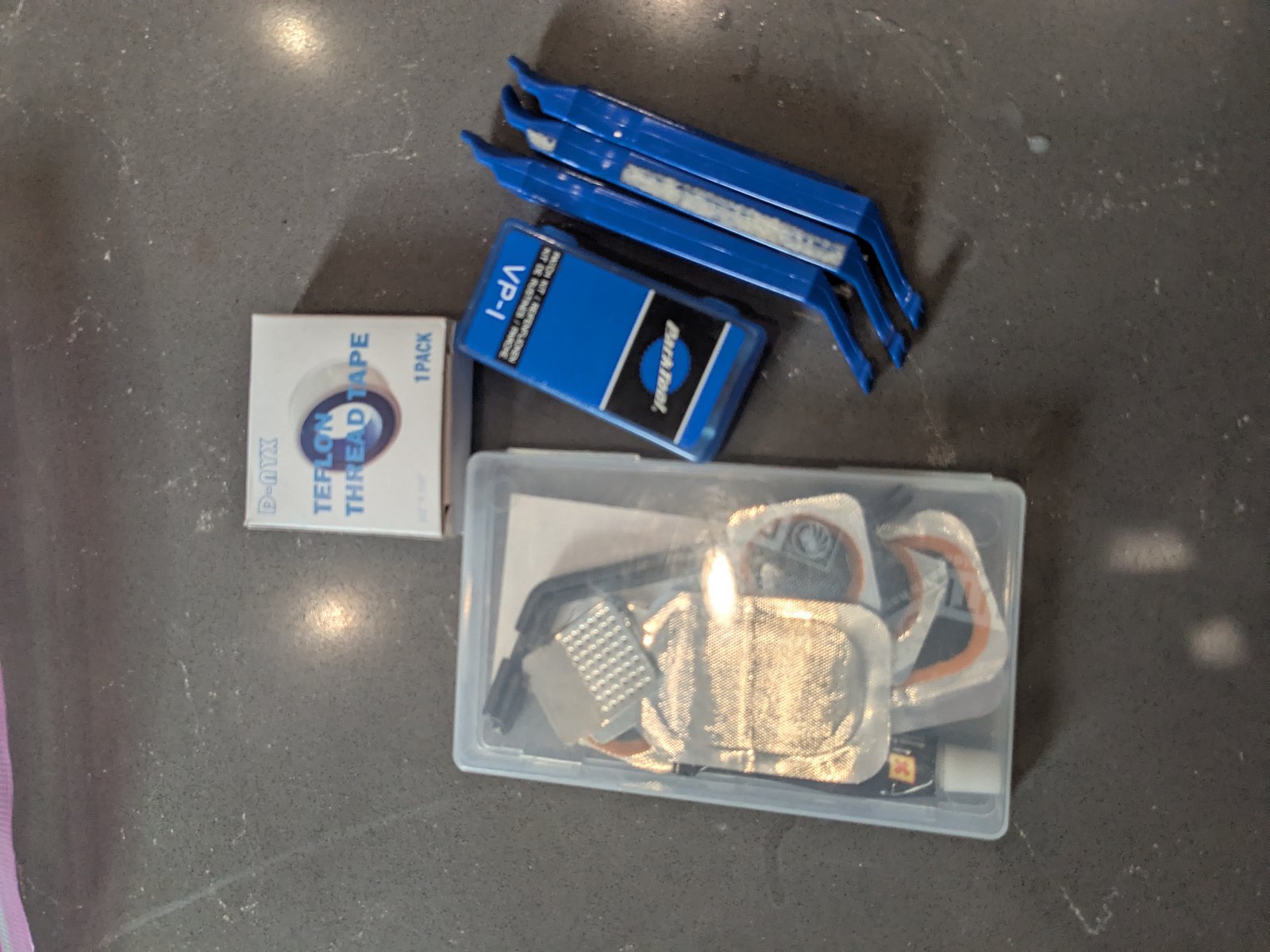 Bike repair kit — Park Tool patch kit, tire levers, multi-tool