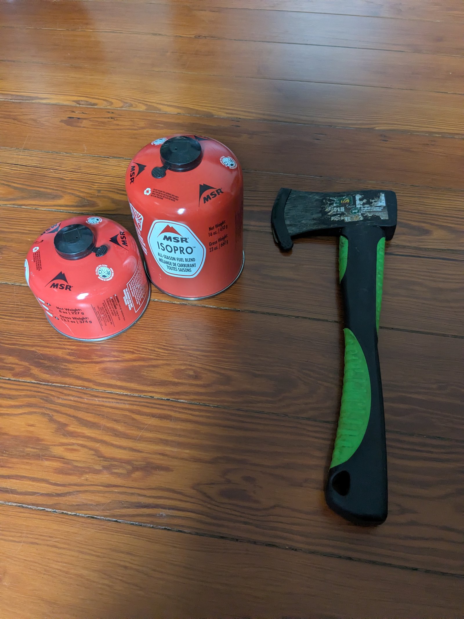 Camping fuel + hatchet — 2x MSR IsoPro canisters + hatchet
