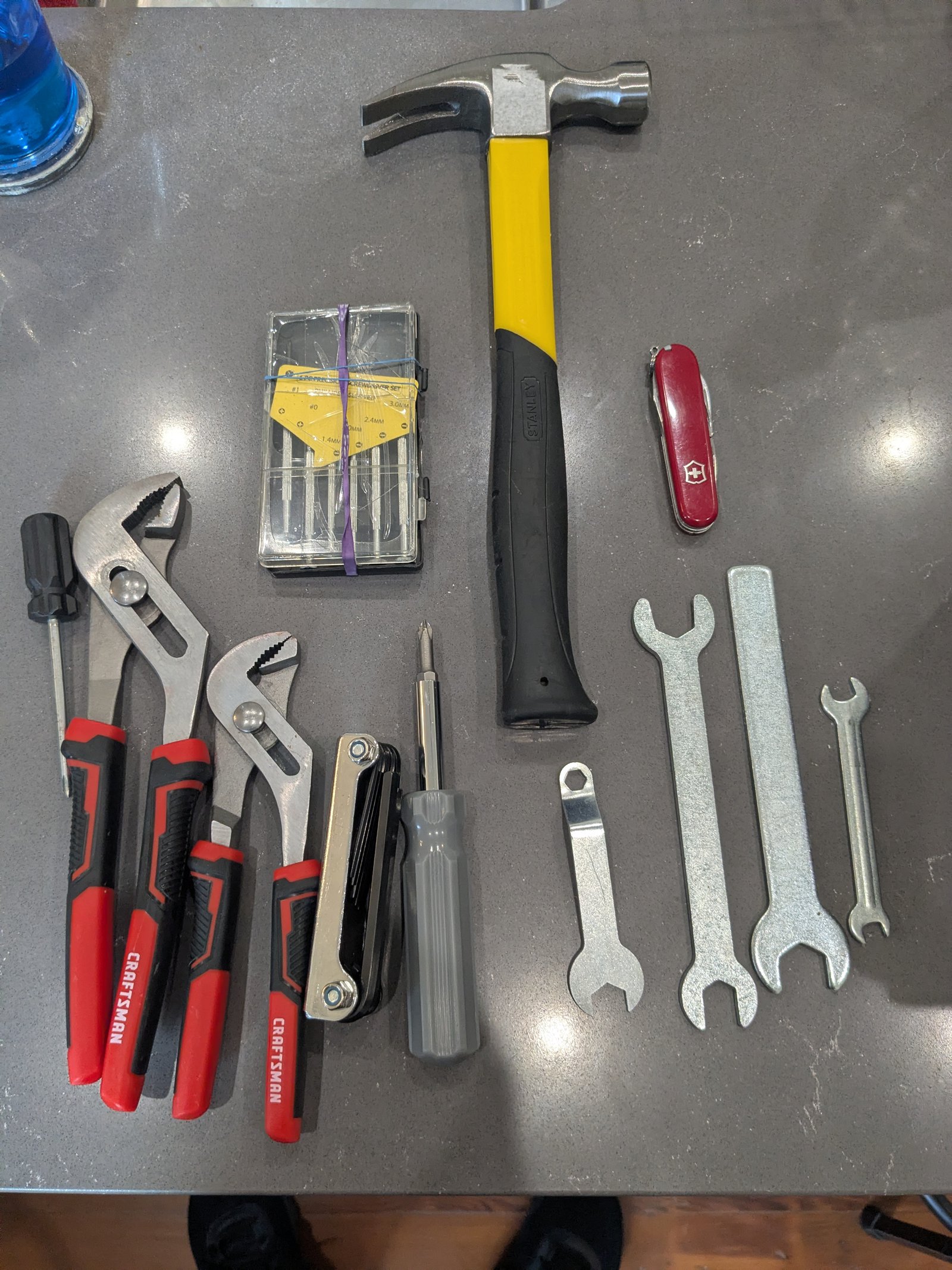 Stanley toolbox + tool set (Craftsman, hammer, wrenches, Swiss Army knife)